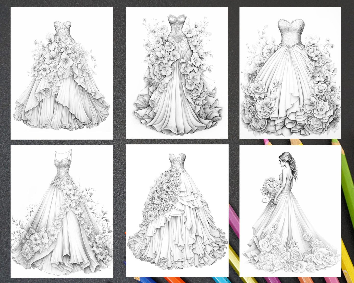 40 Elegant Floral Wedding Dresses Grayscale Coloring Pages Printable for Adults, PDF File Instant Download