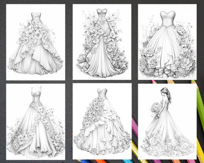 40 Elegant Floral Wedding Dresses Grayscale Coloring Pages Printable for Adults, PDF File Instant Download