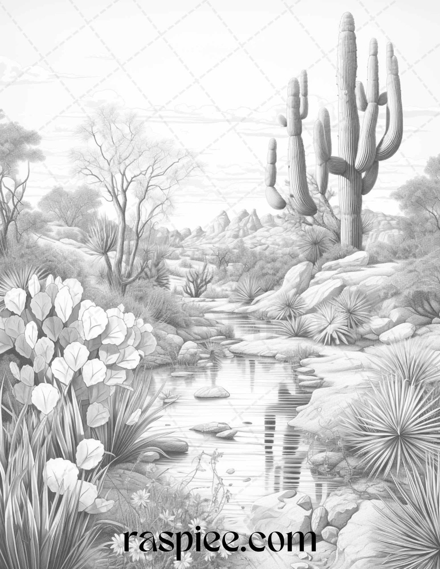 40 Desert Landscapes Grayscale Coloring Pages Printable for Adults, PDF File Instant Download