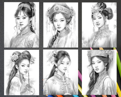 40 Beautiful Chinese Girls Grayscale Coloring Pages for Adults, Printable PDF File Instant Download