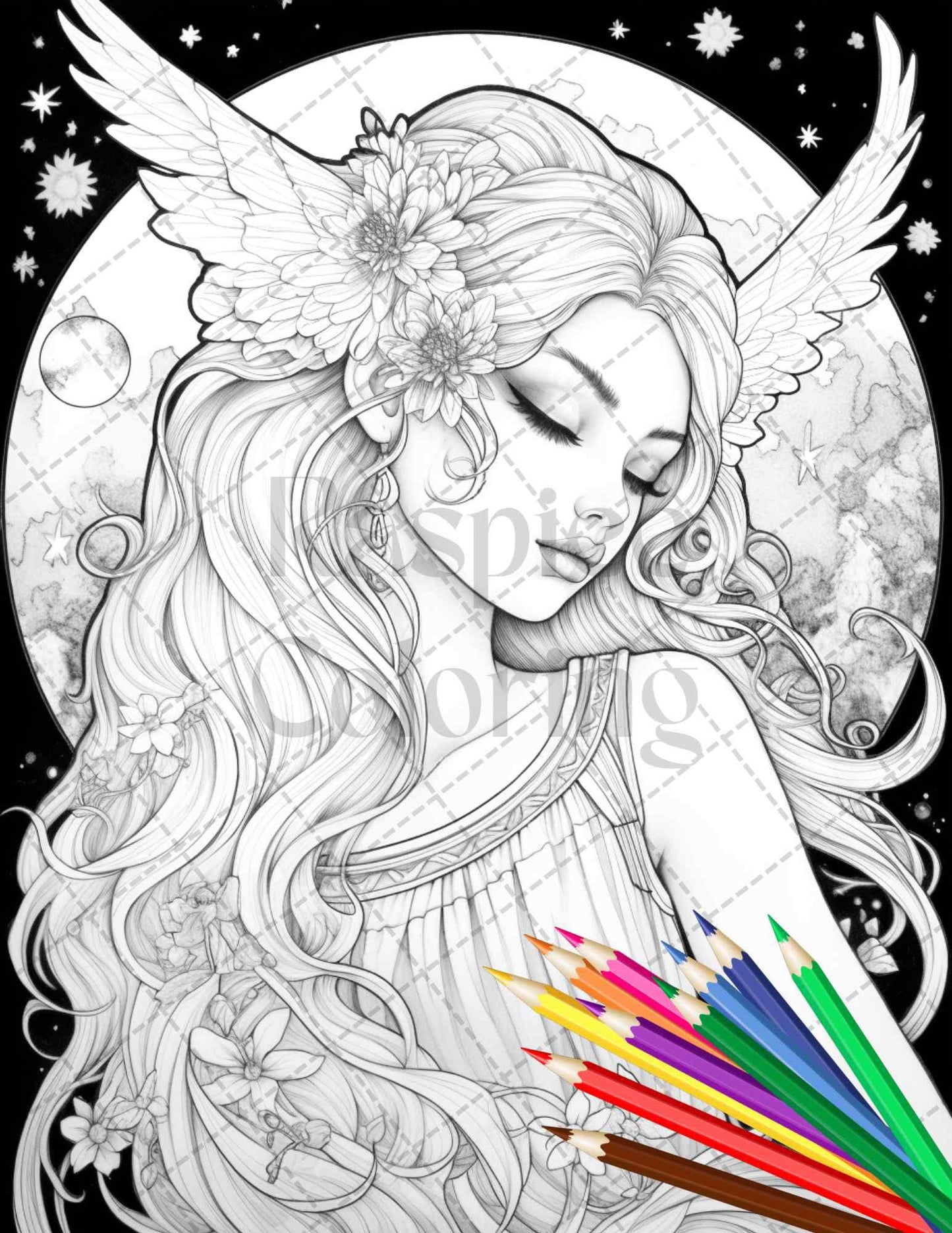 34 Beautiful Moon Fairies Grayscale Coloring Pages Printable for Adults, PDF File Instant Download