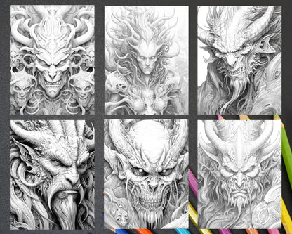 43 Fantasy Demons Grayscale Coloring Pages for Adults, Printable PDF File Instant Download