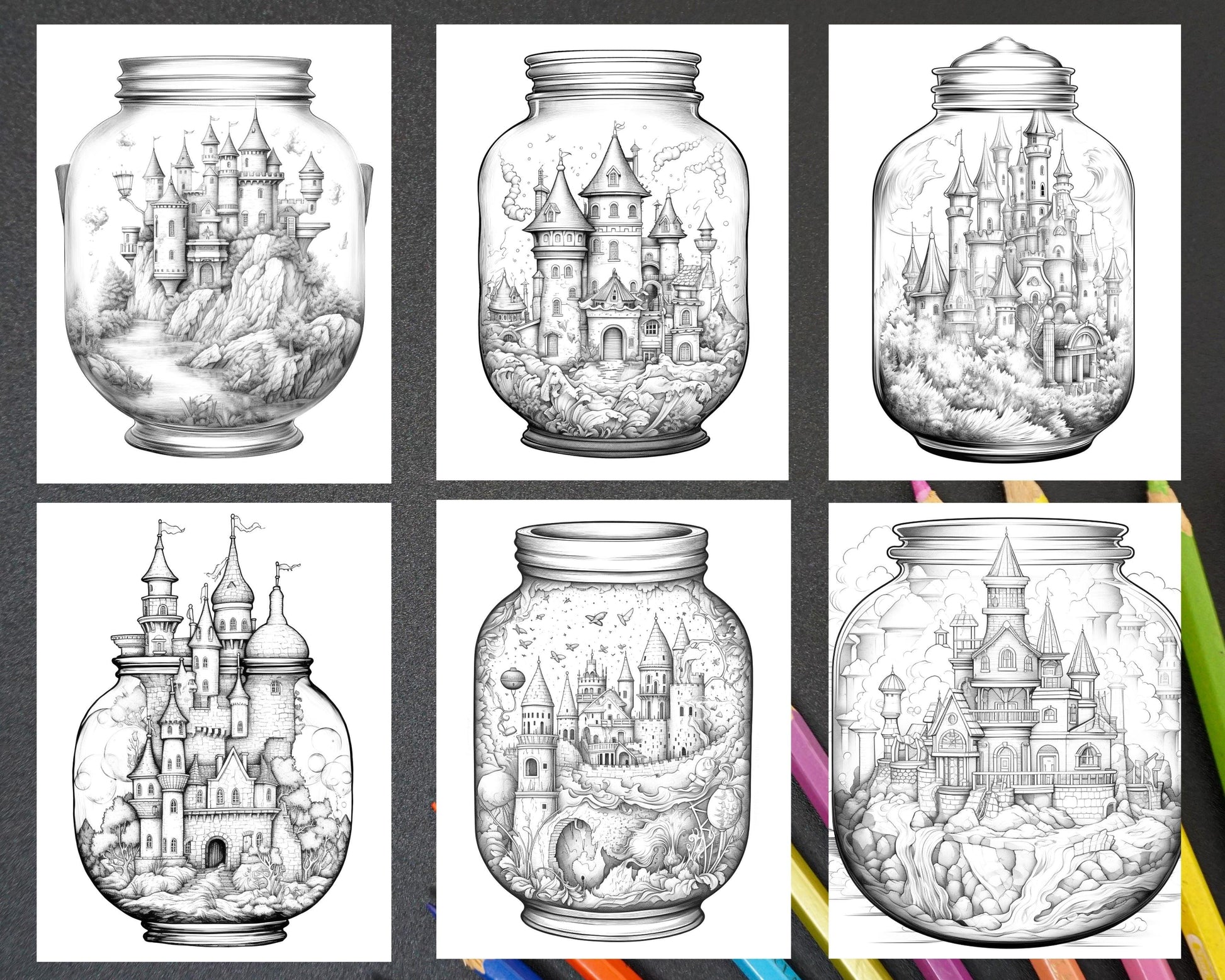 42 Fantasy Castle In Jar Grayscale Coloring Pages Printable for Adults, PDF File Instant Download