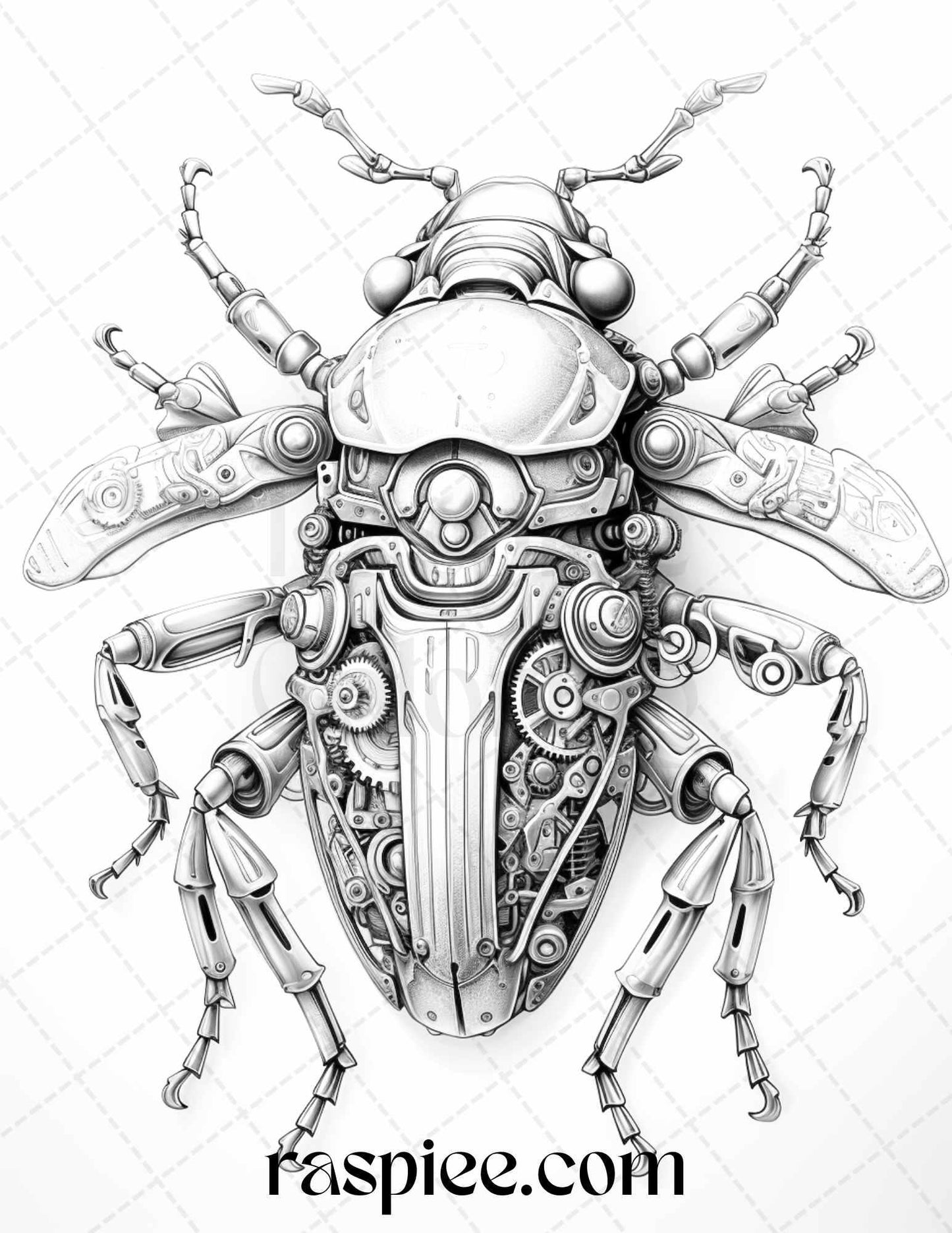 42 Steampunk Bugs Grayscale Coloring Pages Printable for Adults, PDF File Instant Download