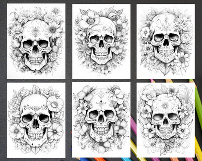 42 Floral Skull Grayscale Coloring Pages for Adults, Stress Relief Coloring Sheets, Printable PDF File Instant Download