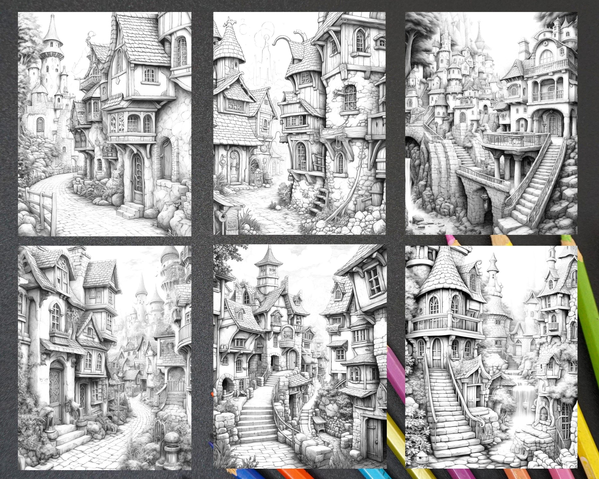 40 Fantasy Village Grayscale Coloring Pages Printable for Adults, PDF File Instant Download