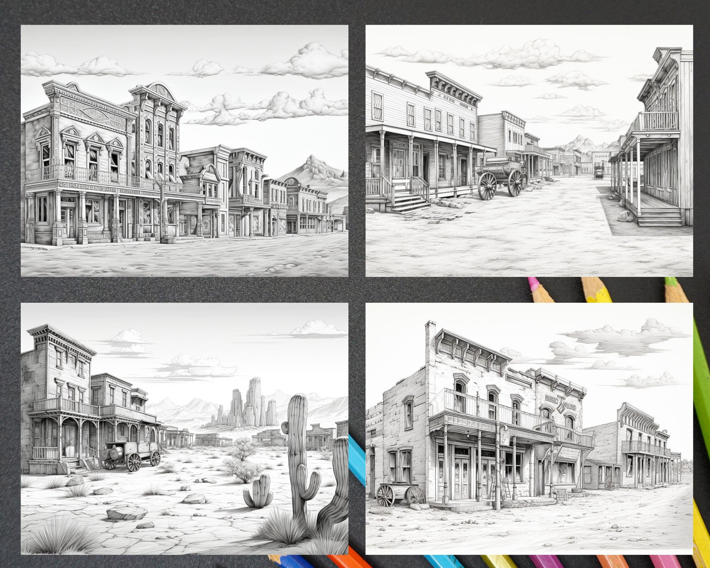 40 Wild West Towns Grayscale Coloring Pages Printable for Adults, PDF File Instant Download