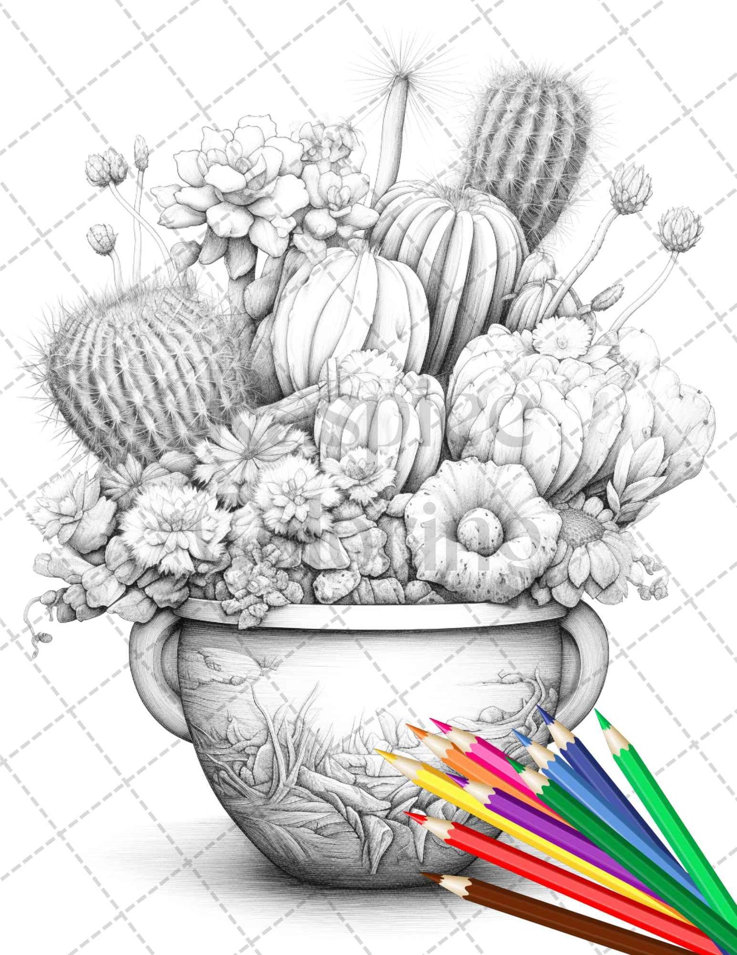 40 Charming Cactus Pots Grayscale Coloring Pages Printable for Adults, PDF File Instant Download