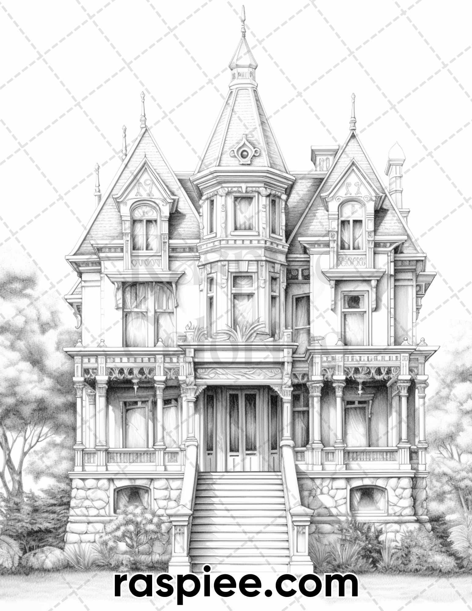 40 Victorian Mansions Grayscale Coloring Pages for Adults, Printable PDF Instant Download