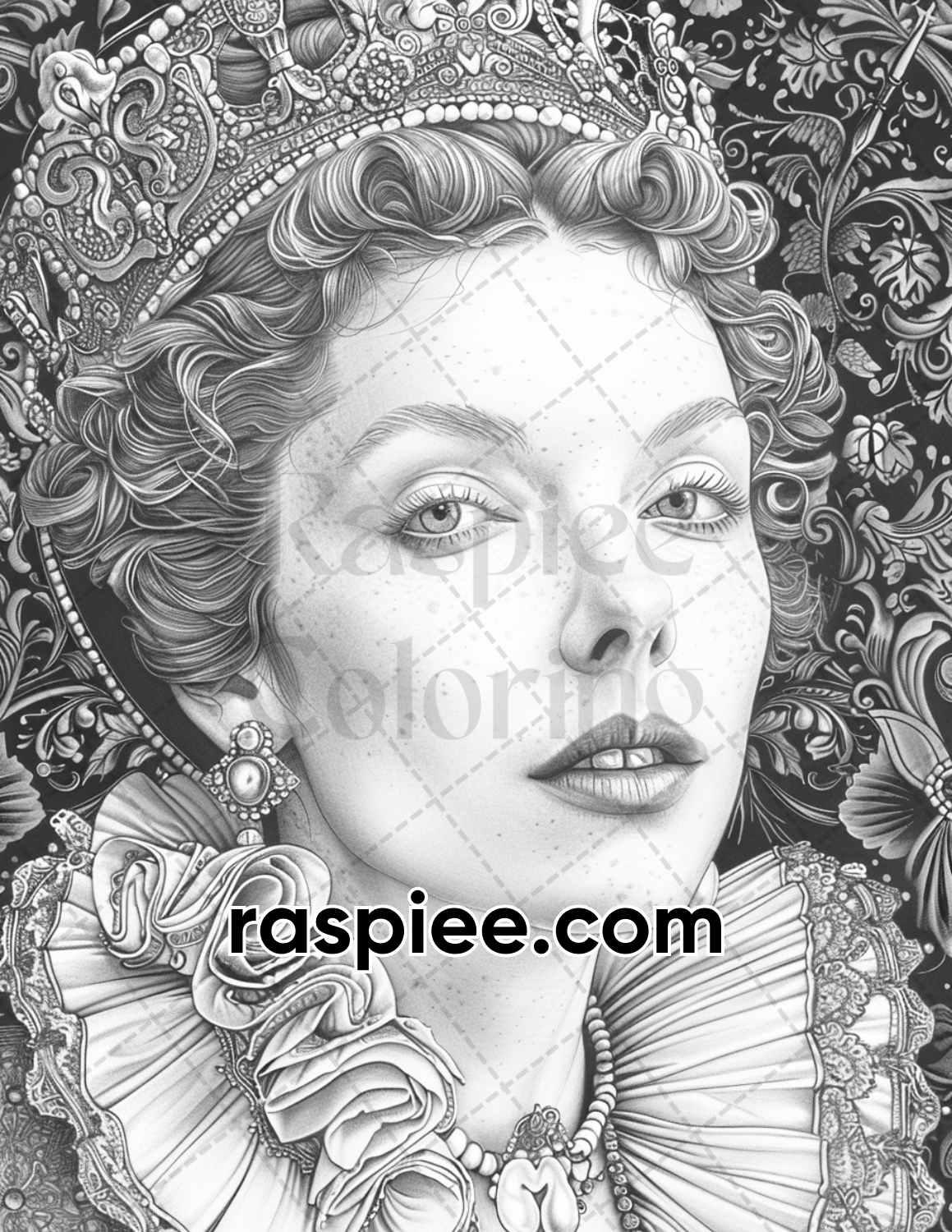 100 Elizabethan British Royal Portraits Grayscale Adult Coloring Pages, Printable PDF Instant Download