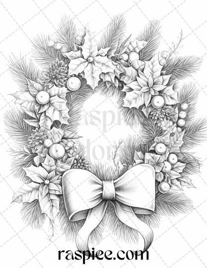 40 Christmas Wreath Grayscale Coloring Pages Printable for Adults, PDF File Instant Download