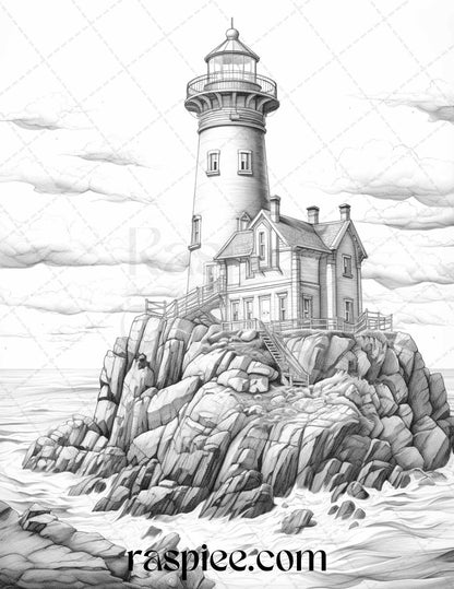 40 Majestic Lighthouses Grayscale Coloring Pages Printable for Adults, PDF File Instant Download