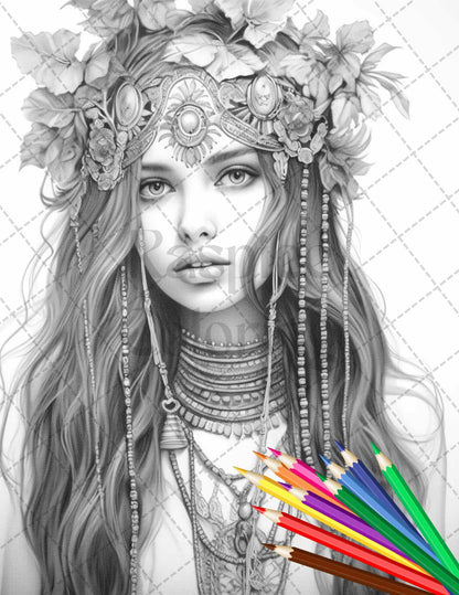 43 Beautiful Hippie Girls Grayscale Coloring Pages Printable for Adults, PDF File Instant Download