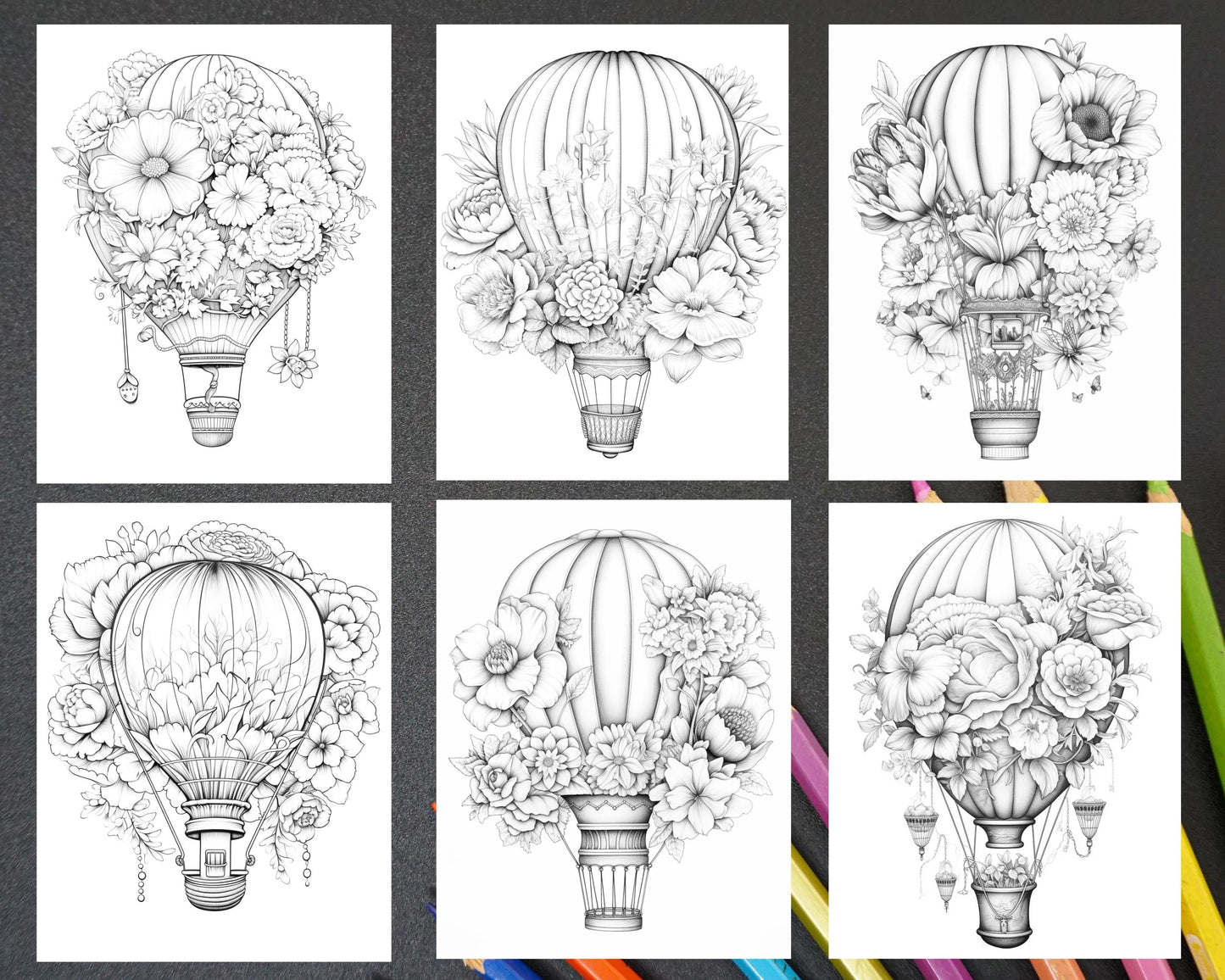 42 Flower Hot Air Balloons Grayscale Coloring Pages Printable for Adults, PDF File Instant Download