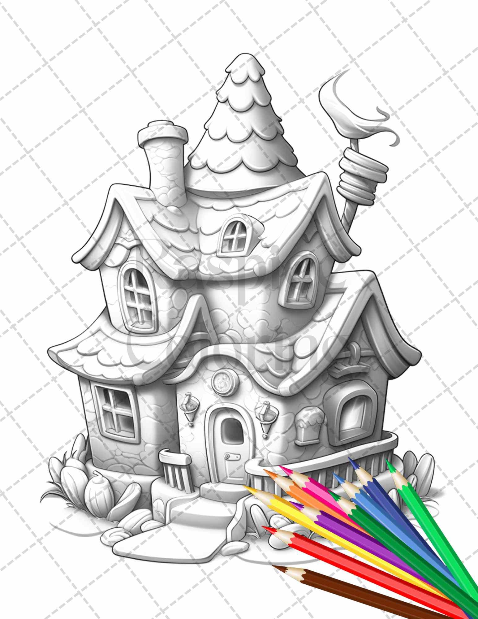 50 Adorable Cake Houses Grayscale Coloring Pages Printable for Adults and Kids, PDF File Instant Download