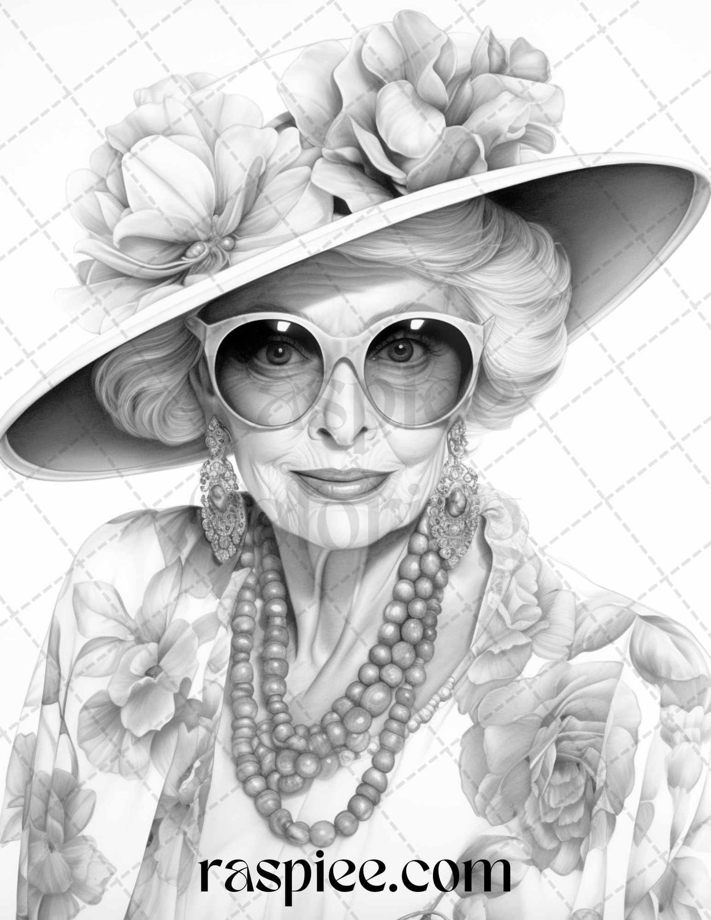 40 Fashionista Grandma Grayscale Coloring Pages Printable for Adults, PDF File Instant Download