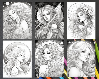 34 Beautiful Moon Fairies Grayscale Coloring Pages Printable for Adults, PDF File Instant Download