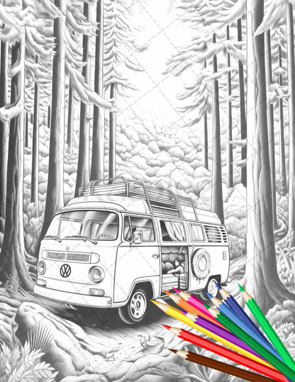 30 Campervan Adventure Grayscale Coloring Pages Printable for Adults, PDF File Instant Download