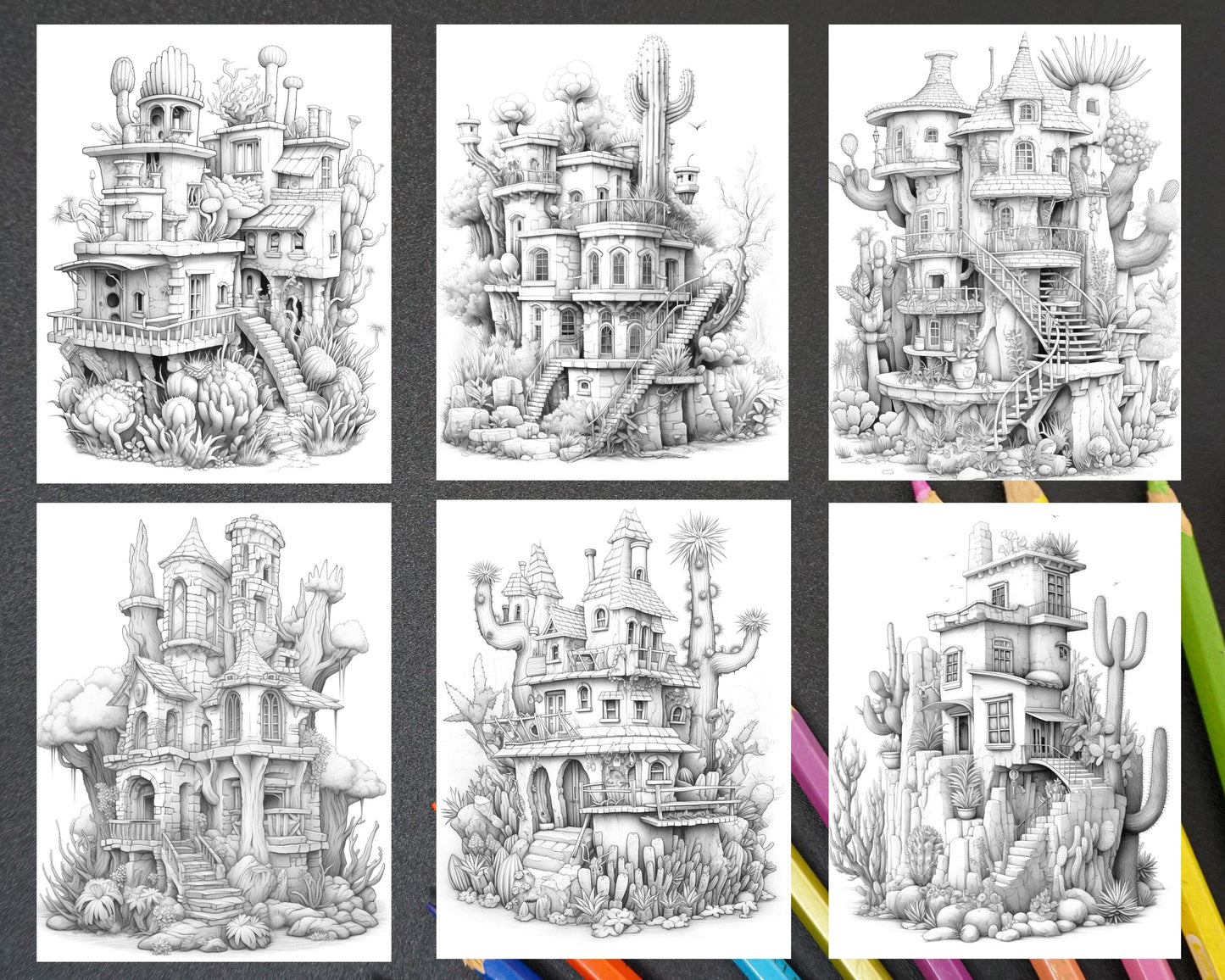 46 Fantasy Cactus Houses Grayscale Coloring Pages Printable for Adults, PDF File Instant Download