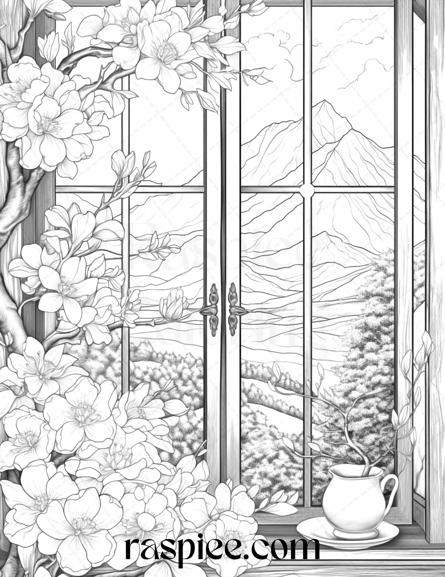 50 Blooming Windows Grayscale Coloring Pages Printable for Adults, PDF File Instant Download