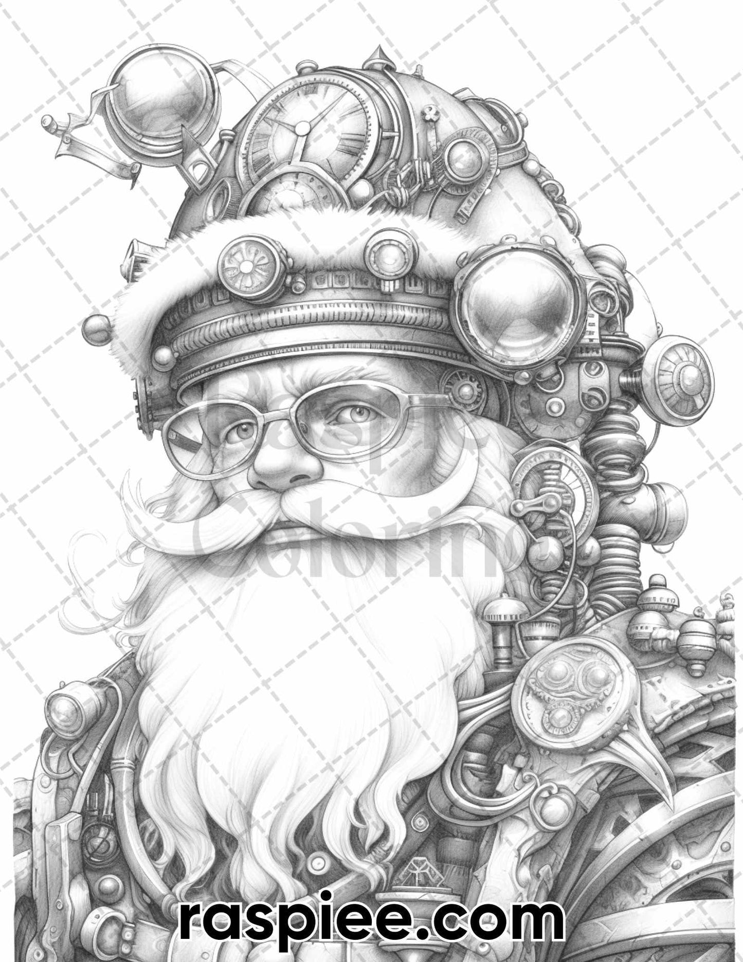 50 Steampunk Santa Claus Grayscale Coloring Pages for Adults, Printable PDF Instant Download