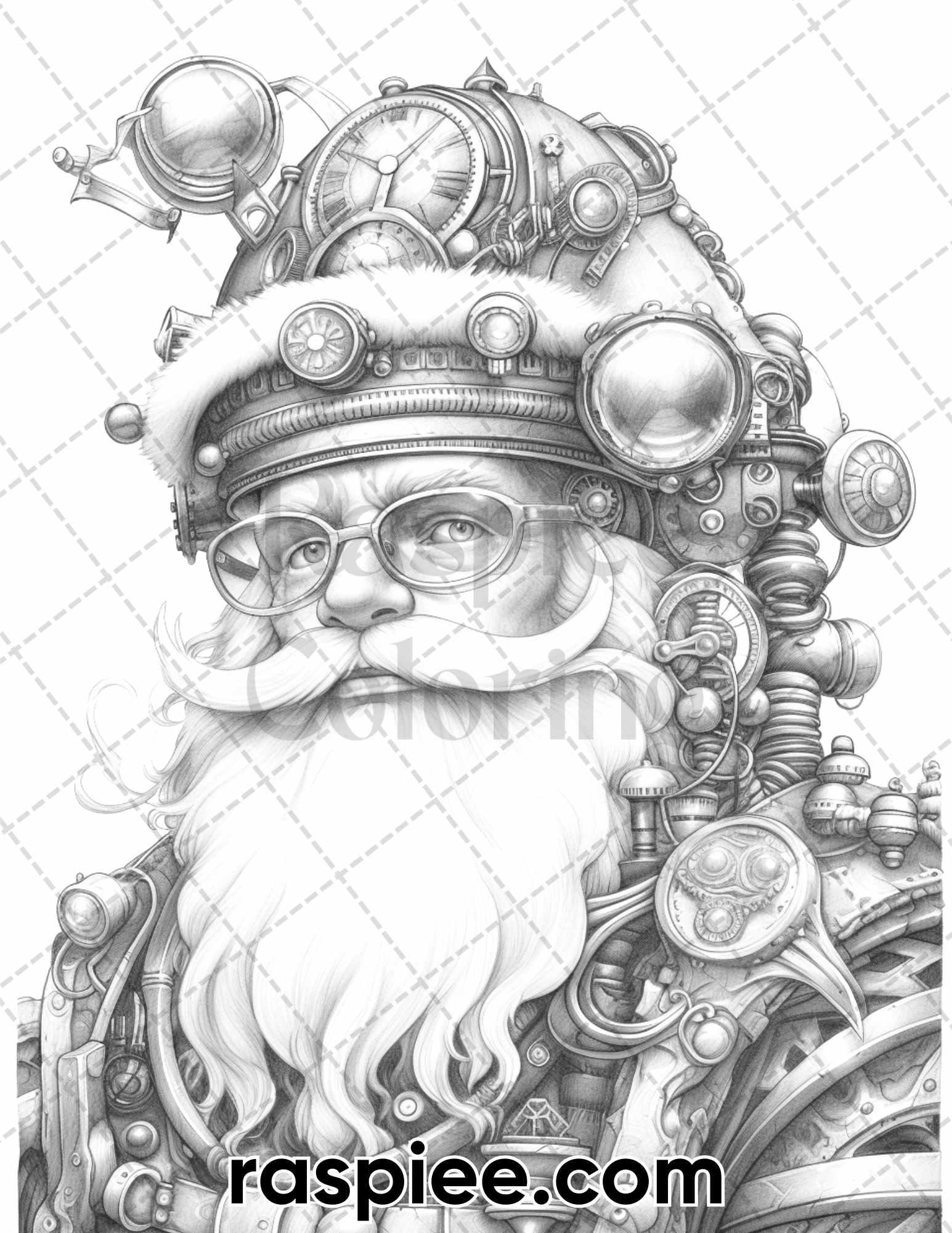 50 Steampunk Santa Claus Grayscale Coloring Pages for Adults, Printable PDF Instant Download