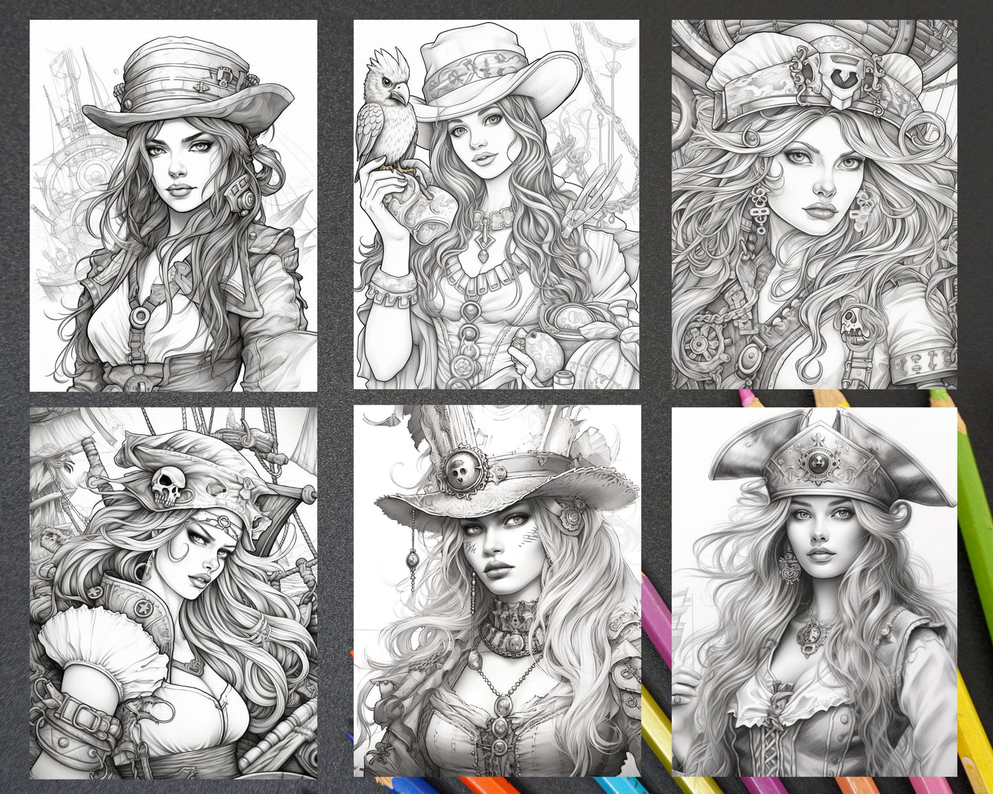 48 Beautiful Pirate Princess Coloring Book Printable for Adults, Grayscale Coloring Page, PDF File Instant Download