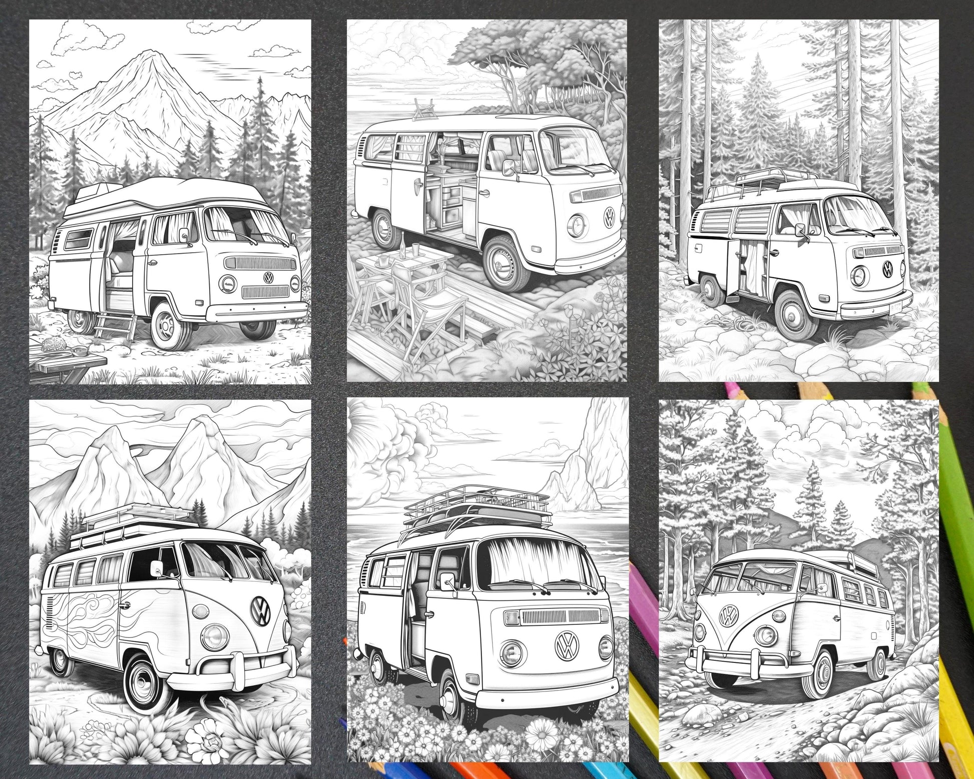 30 Campervan Adventure Grayscale Coloring Pages Printable for Adults, PDF File Instant Download