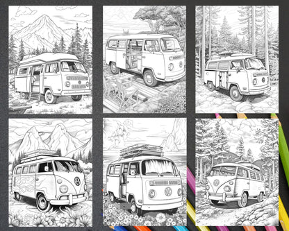 30 Campervan Adventure Grayscale Coloring Pages Printable for Adults, PDF File Instant Download