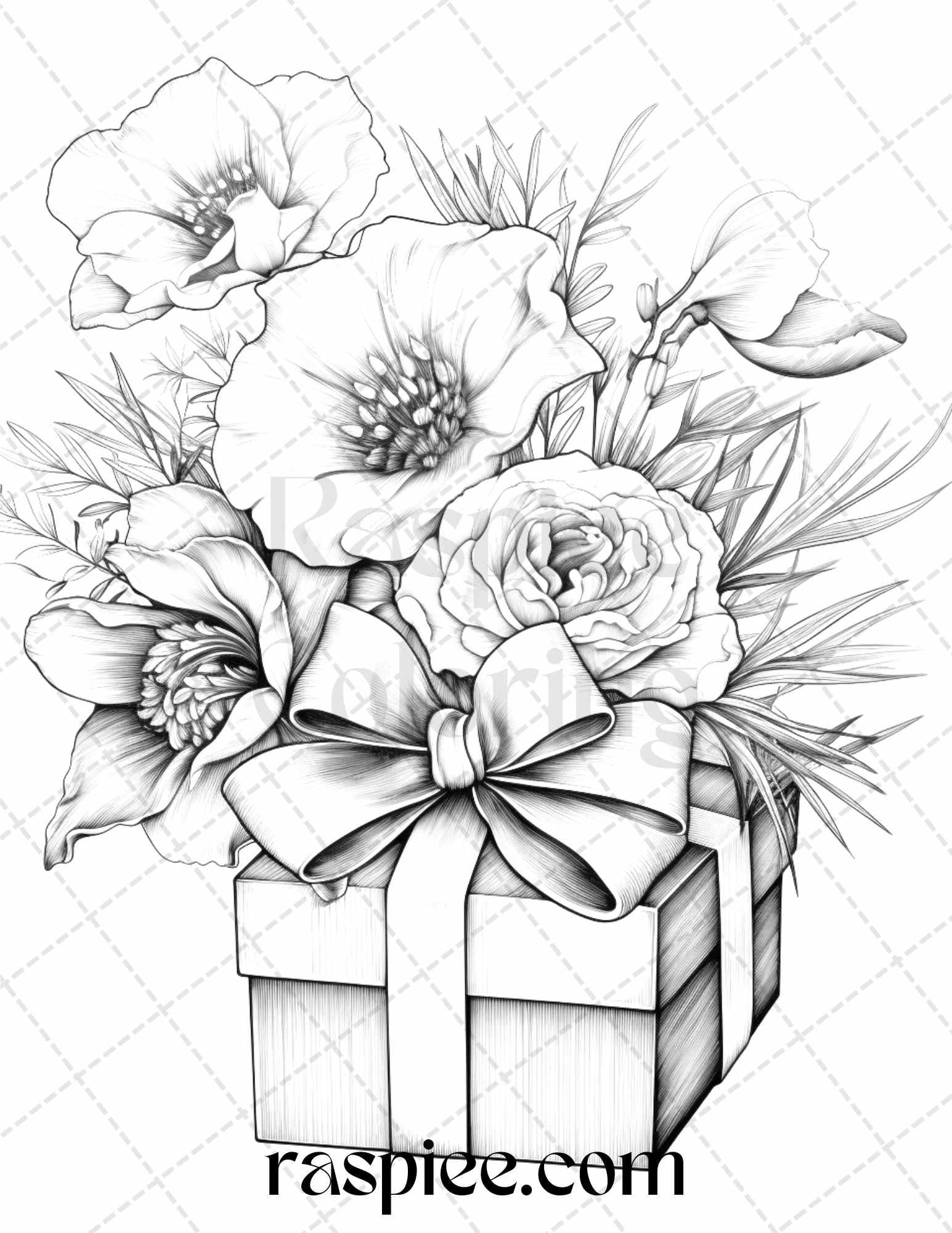 40 Flower Gift Box Grayscale Coloring Pages Printable for Adults Kids, PDF File Instant Download