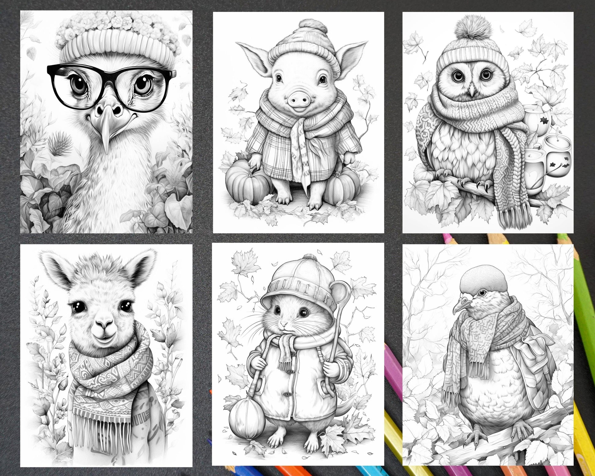 40 Cute Fall Animals Grayscale Coloring Pages Printable for Adults and Kids, PDF File Instant Download