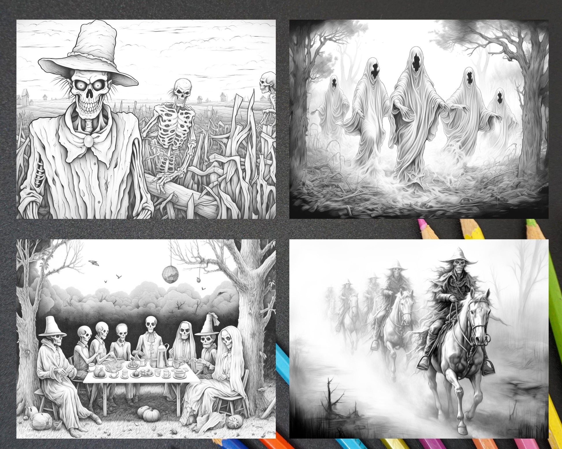 40 Halloween Landscapes Grayscale Coloring Pages Printable for Adults, PDF File Instant Download