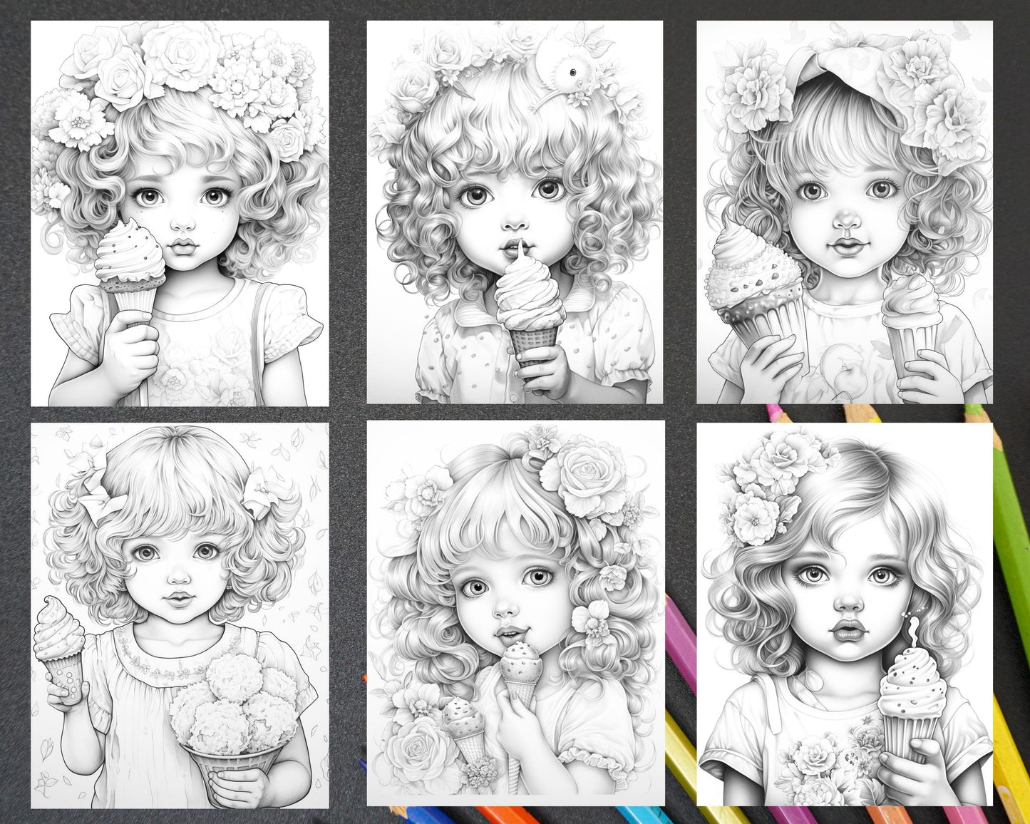 42 Adorable Girls with Ice Cream Grayscale Coloring Pages Printable for Adults Kids, PDF File Instant Download