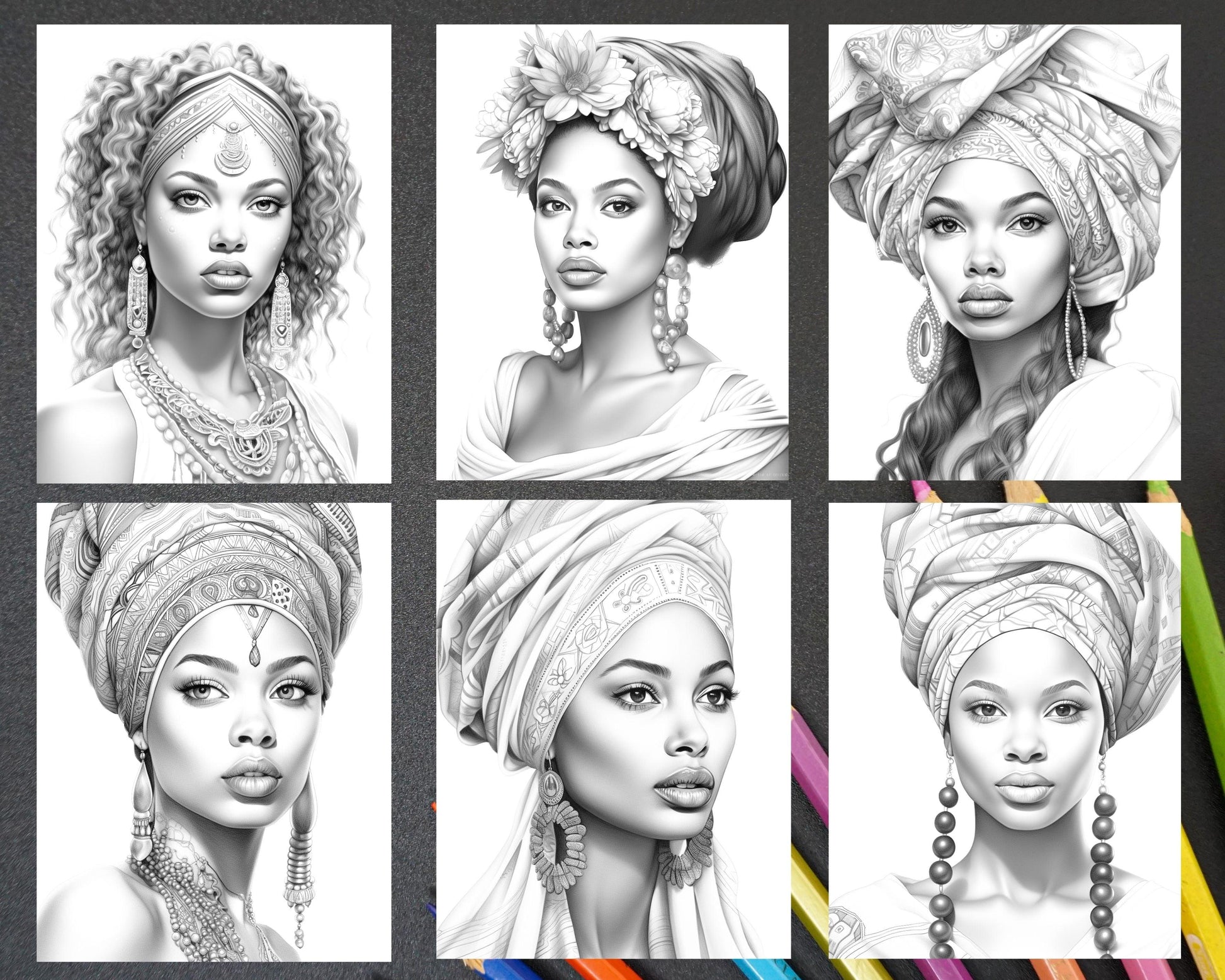 40 Beautiful African Women Grayscale Coloring Pages Printable for Adults, PDF File Instant Download