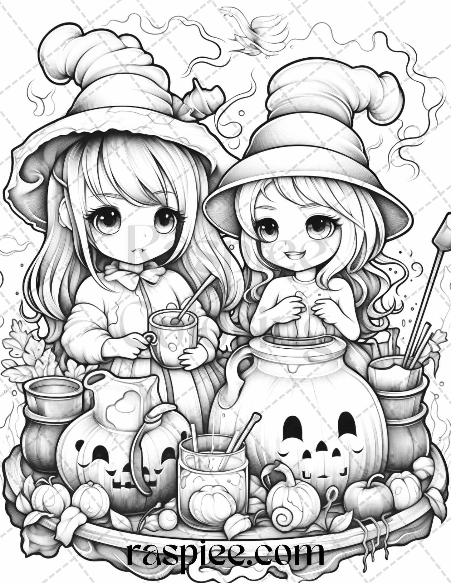 40 Halloween Creepy Kawaii Grayscale Coloring Pages for Adults and Kids, Printable PDF File Instant Download