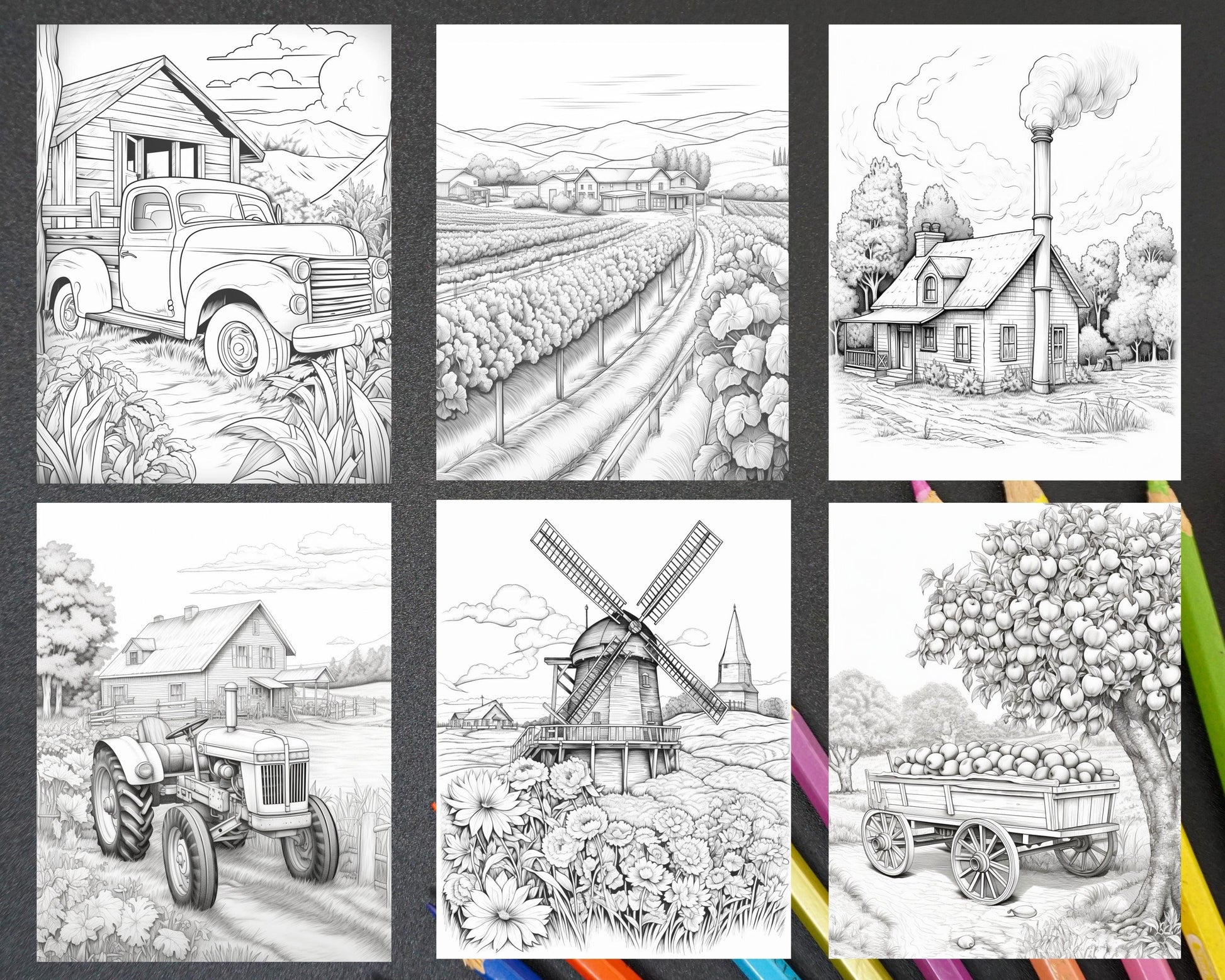 40 Farmstead Serenity Grayscale Coloring Pages Printable for Adults, PDF File Instant Download