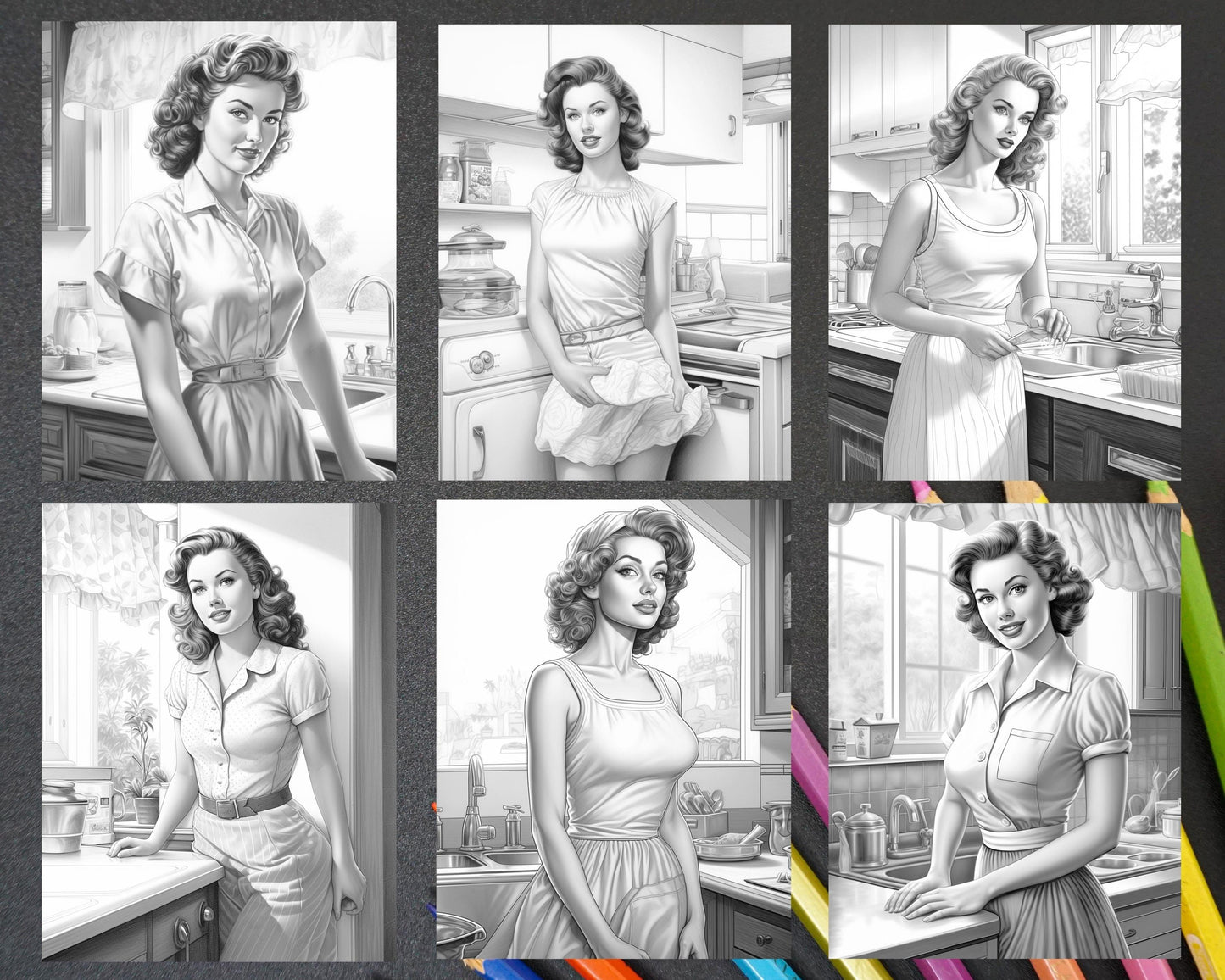 40 Retro Housewives Grayscale Coloring Pages for Adults, Printable PDF File Instant Download