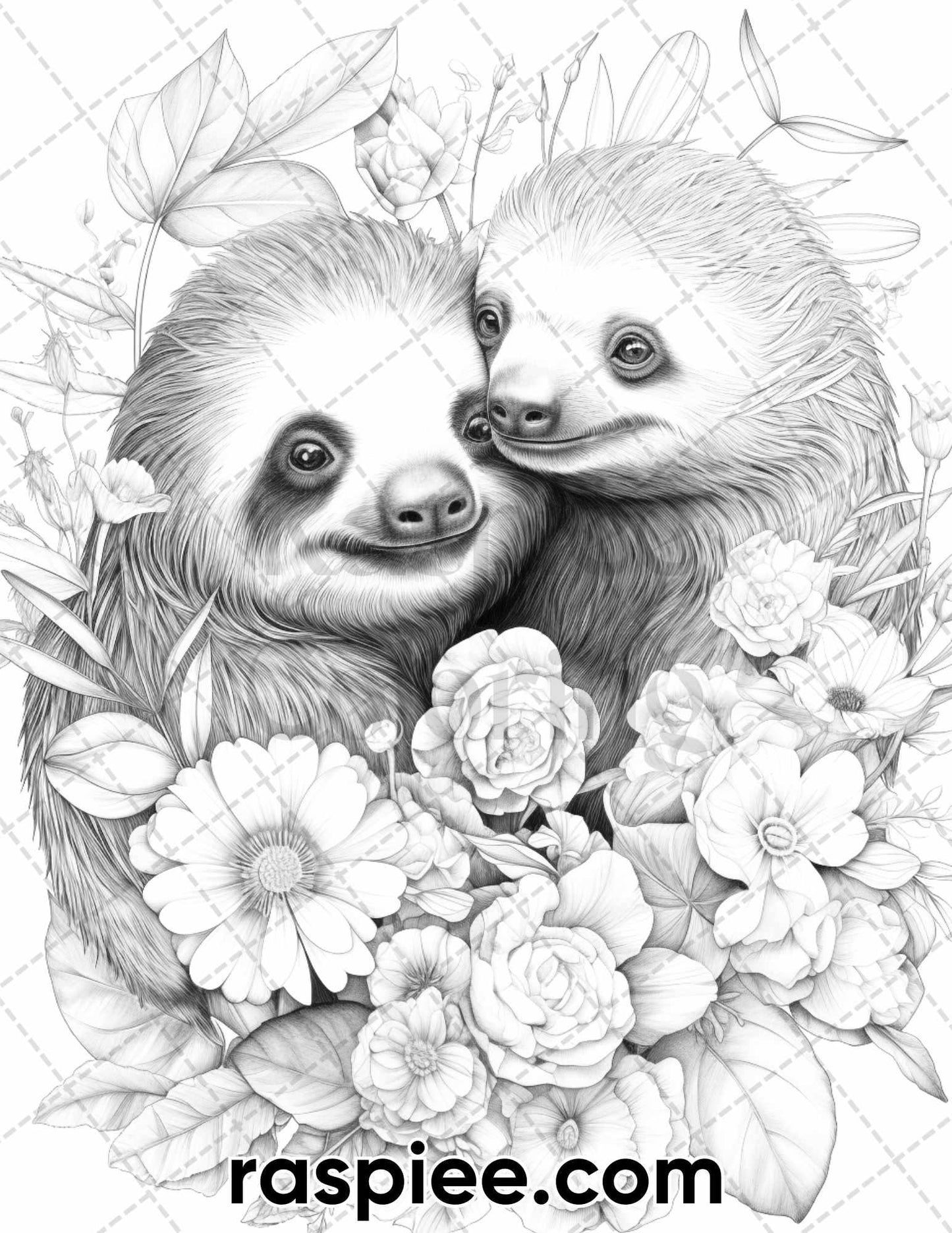 40 Floral Animal Couple Grayscale Coloring Pages for Adults, Printable PDF Instant Download