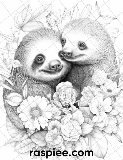 40 Floral Animal Couple Grayscale Coloring Pages for Adults, Printable PDF Instant Download