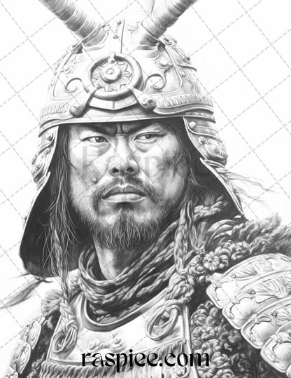 42 Japanese Samurai Grayscale Coloring Pages for Adults, Printable PDF File Instant Download