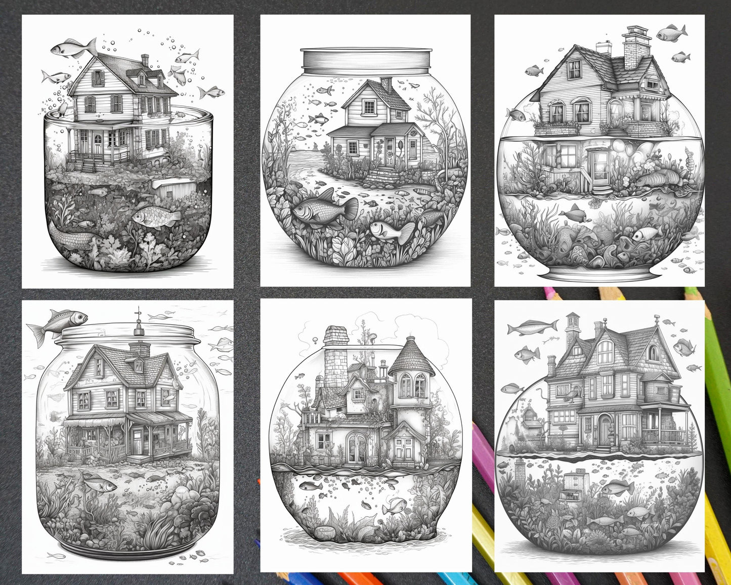 34 Fishtank Houses Coloring Book for Adults, Grayscale Coloring Page, Printable PDF Instant Download