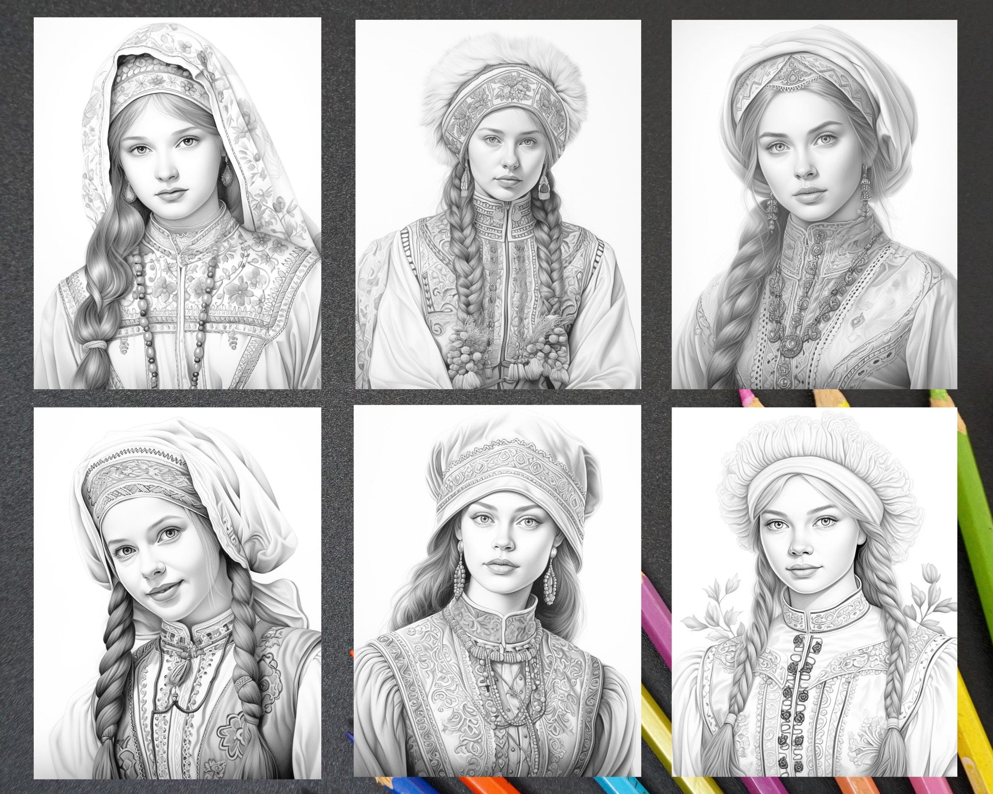 60 Traditional Russian Girls Grayscale Adult Coloring Pages, Printable PDF Instant Download