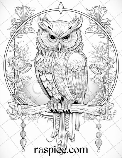 40 Floral Owl Grayscale Printable Coloring Pages for Adults, PDF File Instant Download