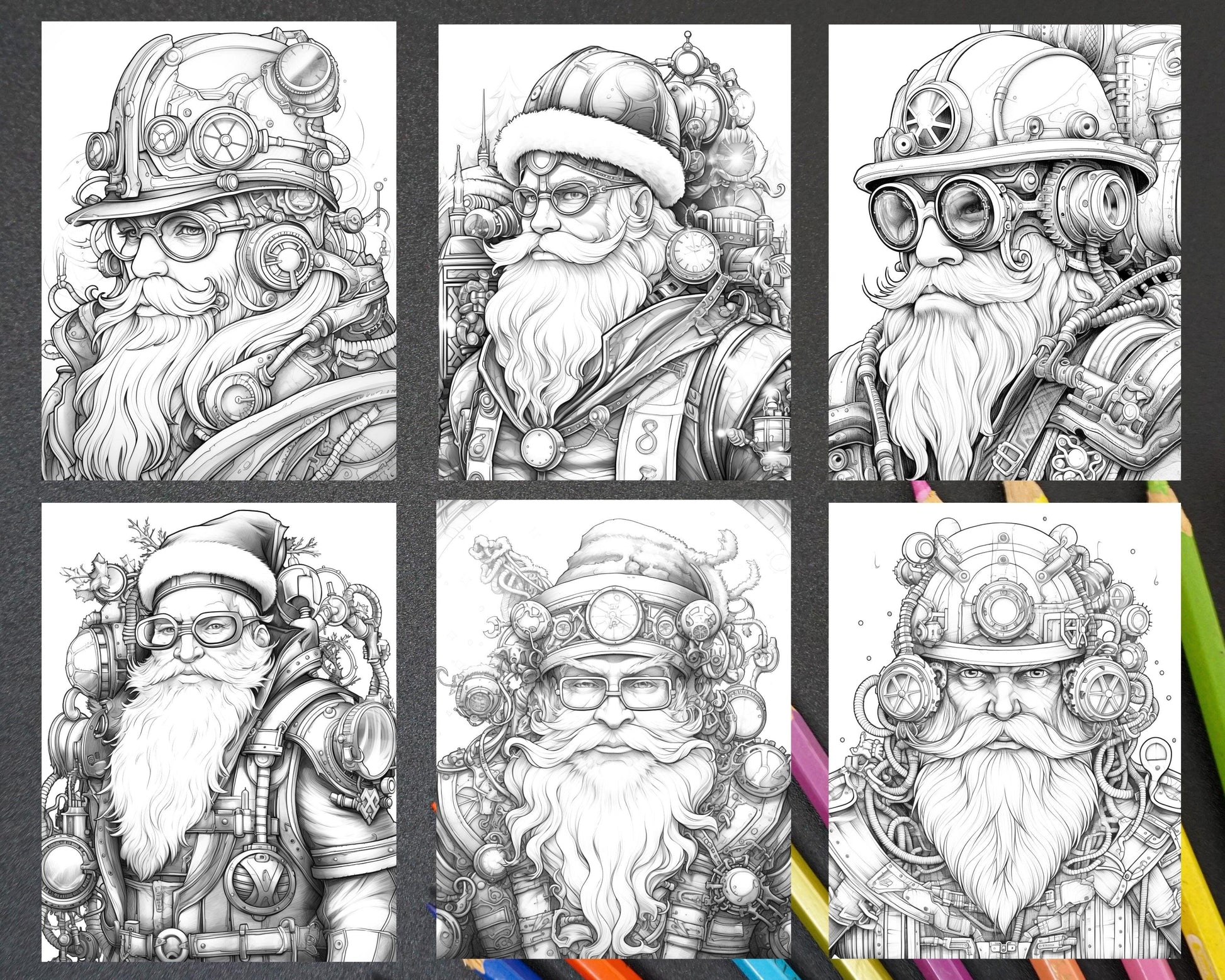 50 Steampunk Santa Claus Grayscale Coloring Pages for Adults, Printable PDF Instant Download