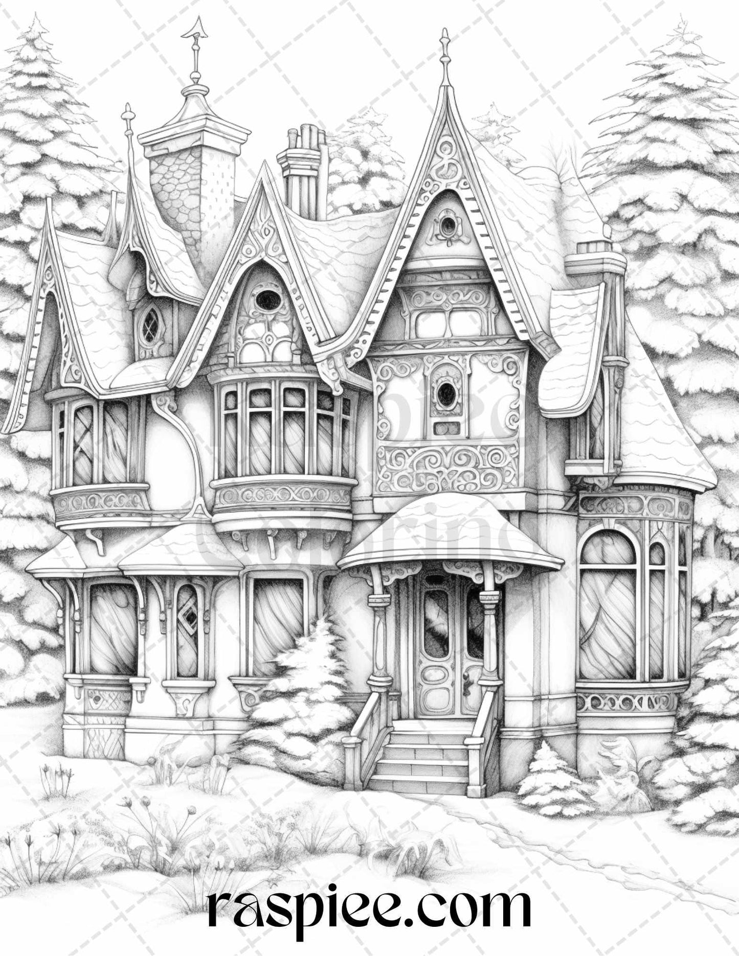 42 Fantasy Christmas Houses Grayscale Coloring Pages Printable for Adults, PDF File Instant Download