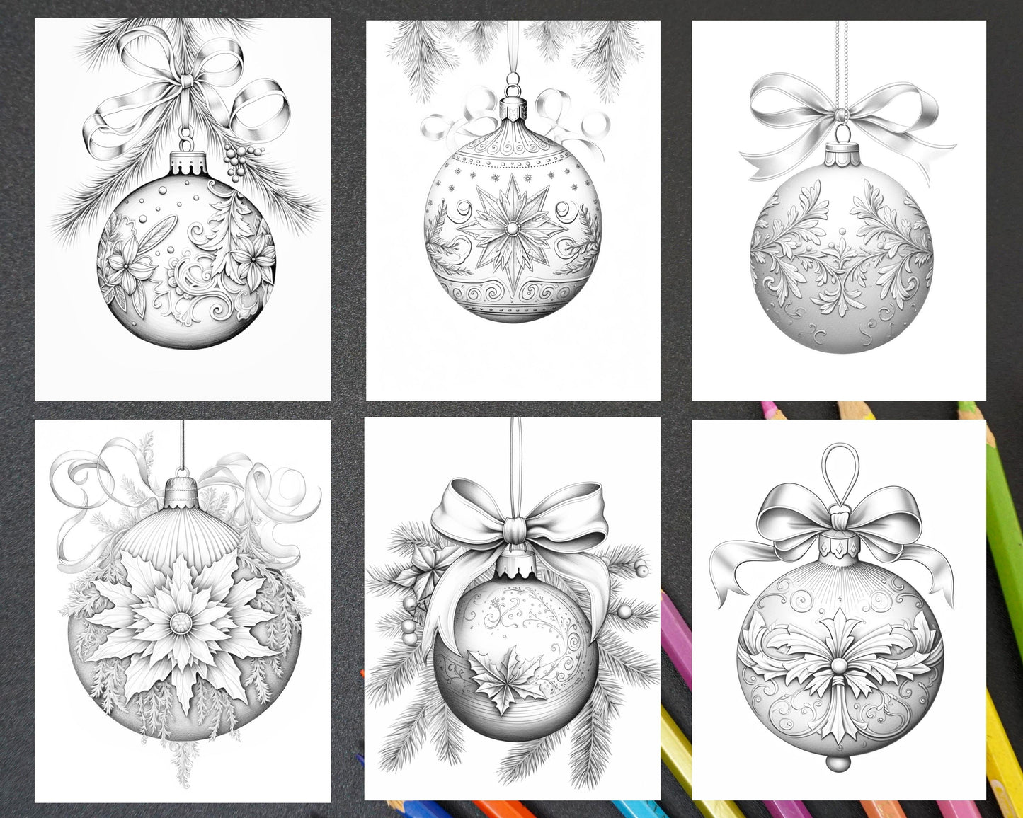 40 Christmas Balls Grayscale Coloring Pages Printable for Adults, PDF File Instant Download