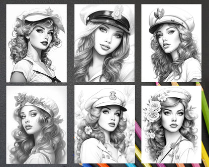 40 Sailor Pin Up Girls Grayscale Coloring Pages Printable for Adults, PDF File Instant Download