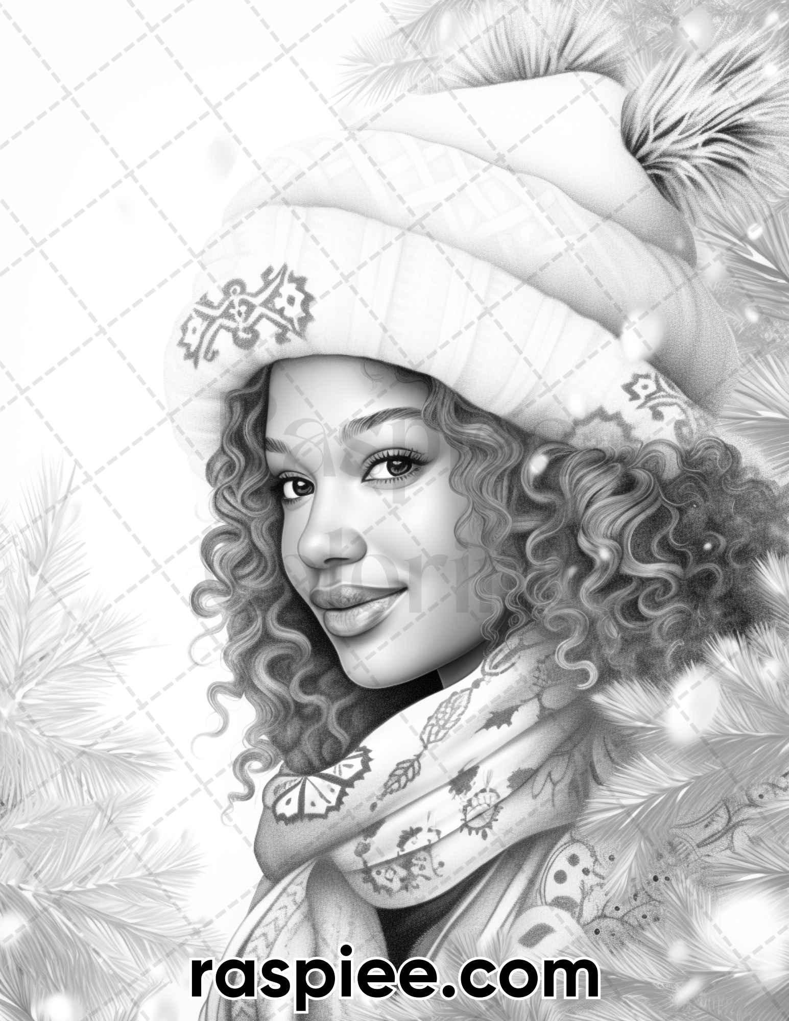 50 Christmas Black Beauties Portrait Grayscale Coloring Pages for Adults, Printable PDF Instant Download