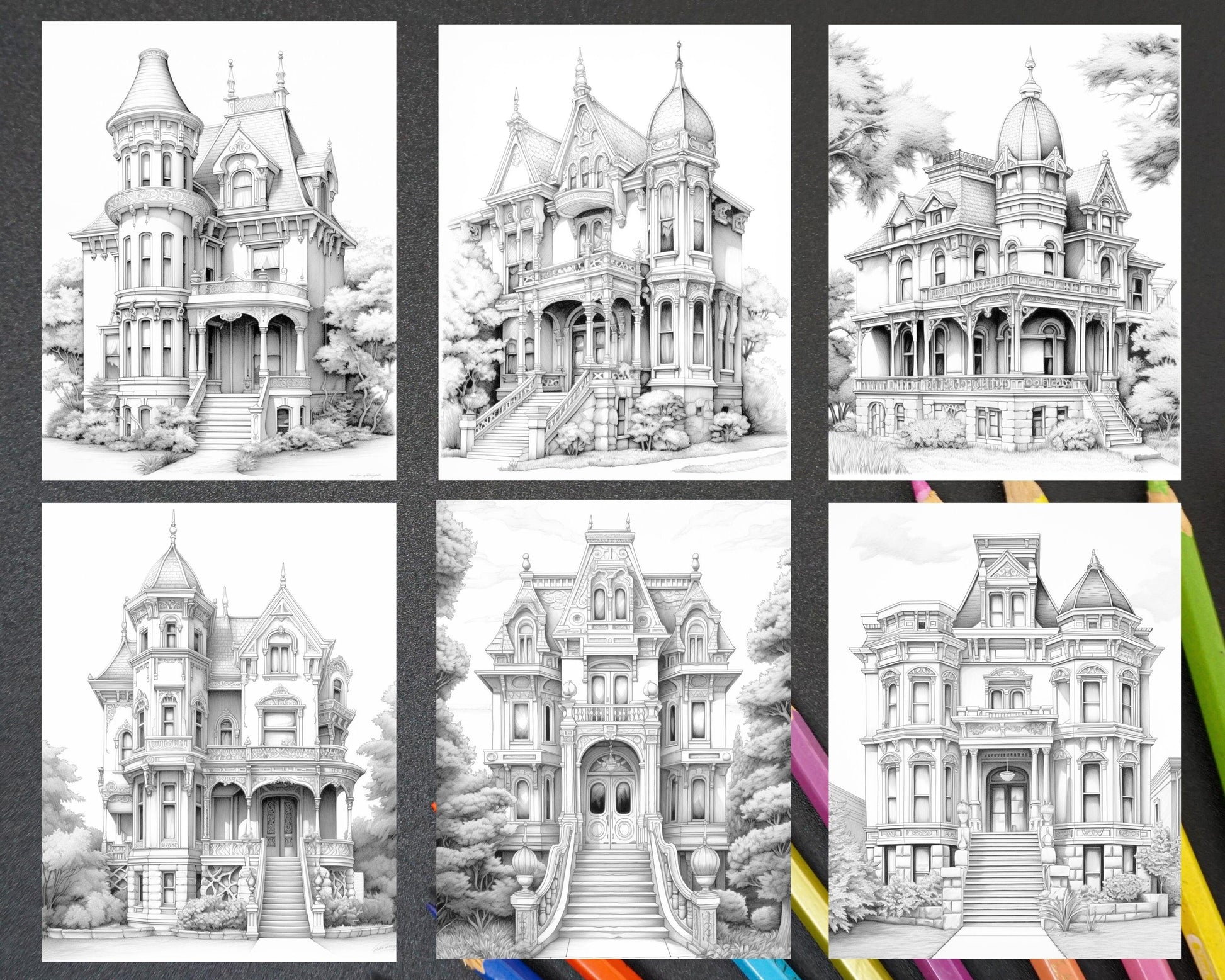 40 Victorian Mansions Grayscale Coloring Pages for Adults, Printable PDF Instant Download