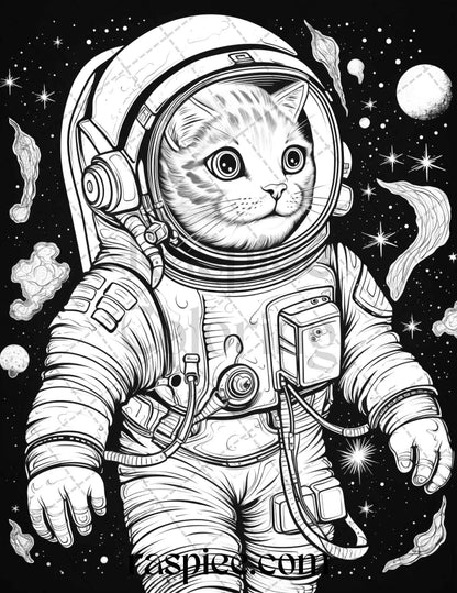 40 Cat Astronaut Grayscale Coloring Pages Printable for Adults Kids, PDF File Instant Download